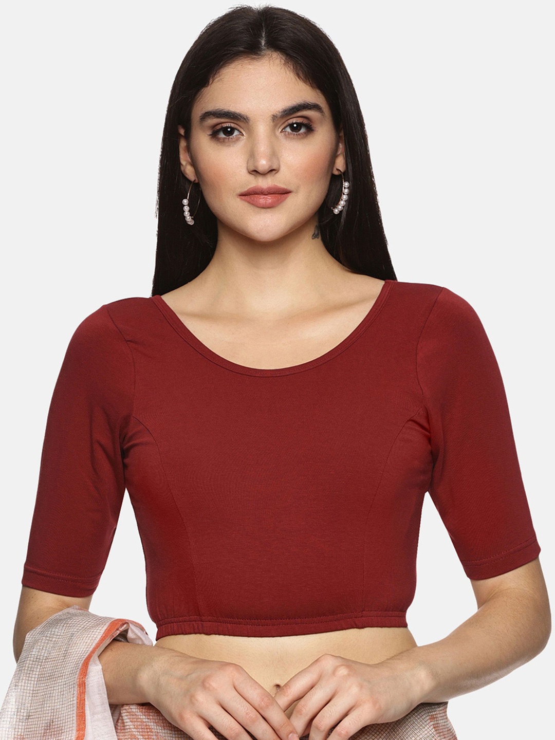 

NOT YET by us Printed Cotton Non-Padded Stretchable Saree Blouse, Maroon