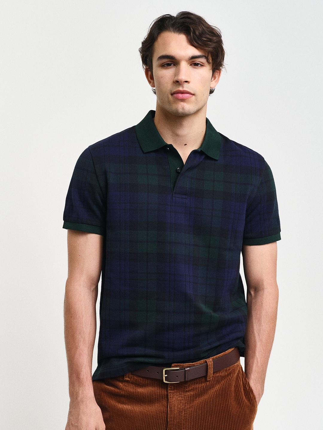 

GANT Men Checked Polo Collar Cotton T-shirt, Navy blue