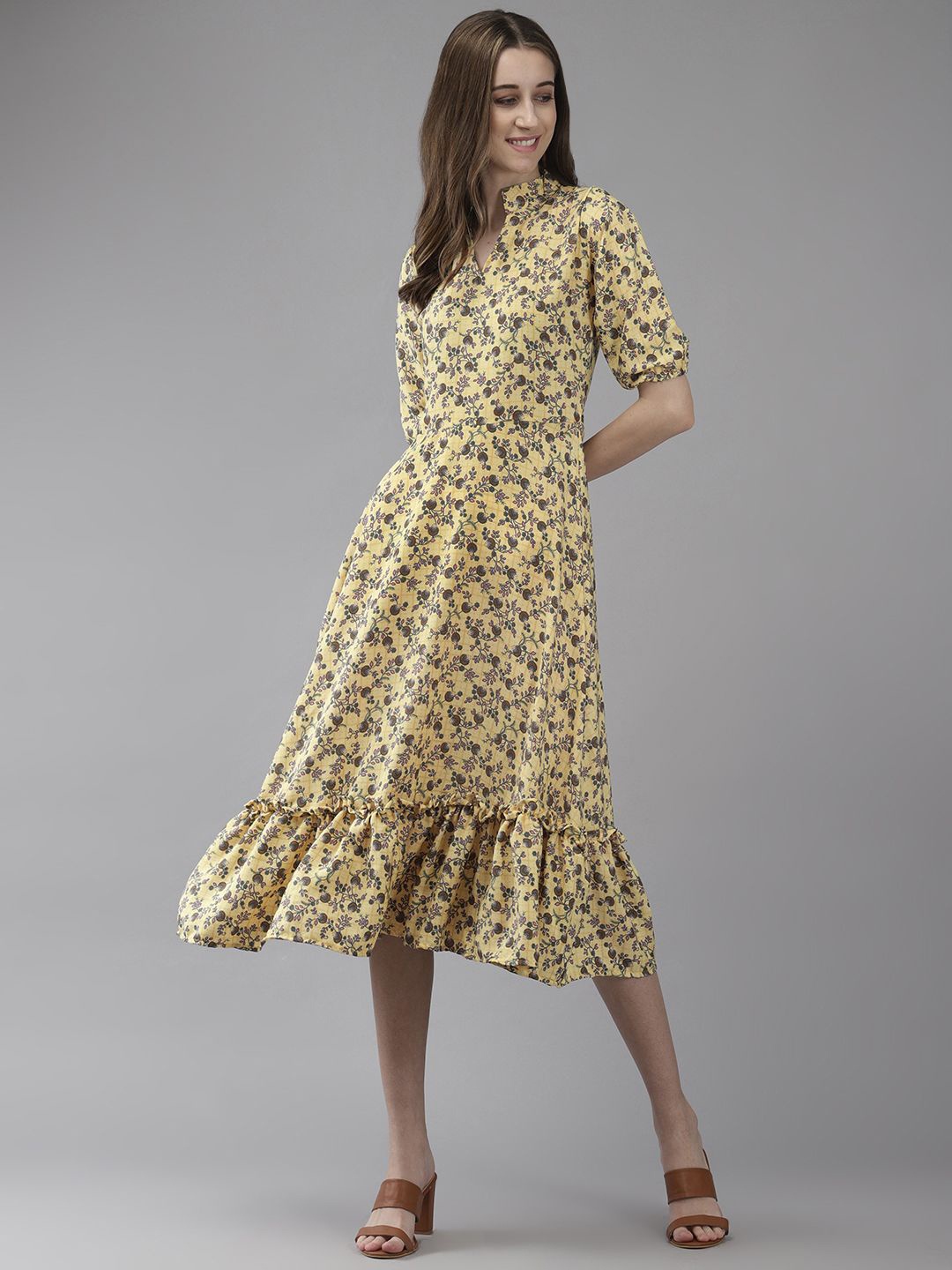 

BAESD Women Floral Printed Puff Sleeve A-Line Midi Dress, Yellow