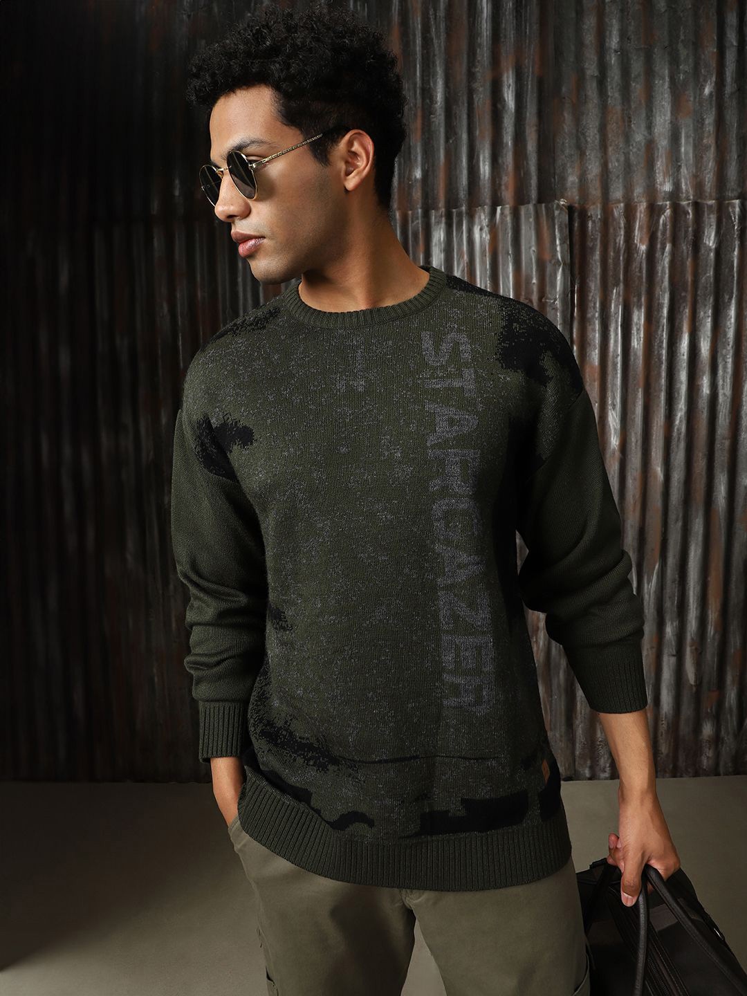 

High Star Men Self Design Round Neck Pullover, Olive