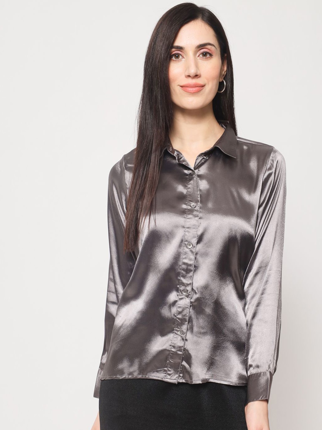 

CHARMGAL Women Classic Spread Collar Solid Slim Fit Casual Shirt, Grey