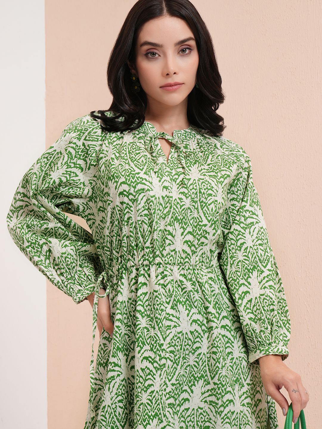 

Tokyo Talkies Women Tropical Printed Tie-Up Neck Cuffed Sleeve Fit & Flare Midi Dress, Green