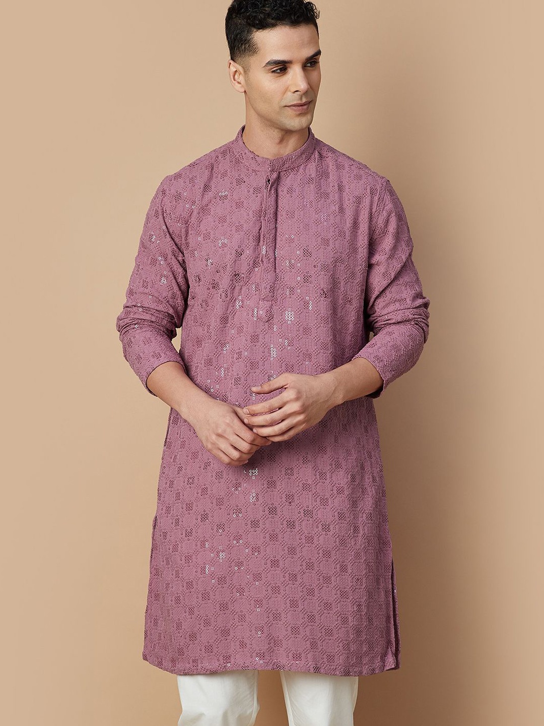 

Melange by Lifestyle Men Embellished Thread Work Kurta, Pink