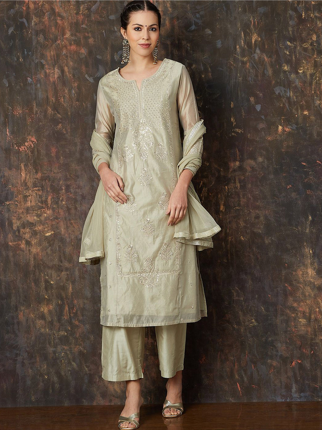 

Melange by Lifestyle Women Embroidered Chanderi Silk Kurta with Pyjamas & With Dupatta, Olive