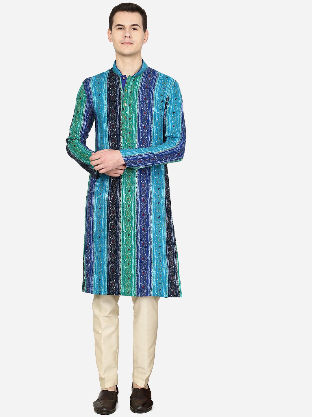

THE KURTA COMPANY Men Geometric Thread Work Kurta, Blue