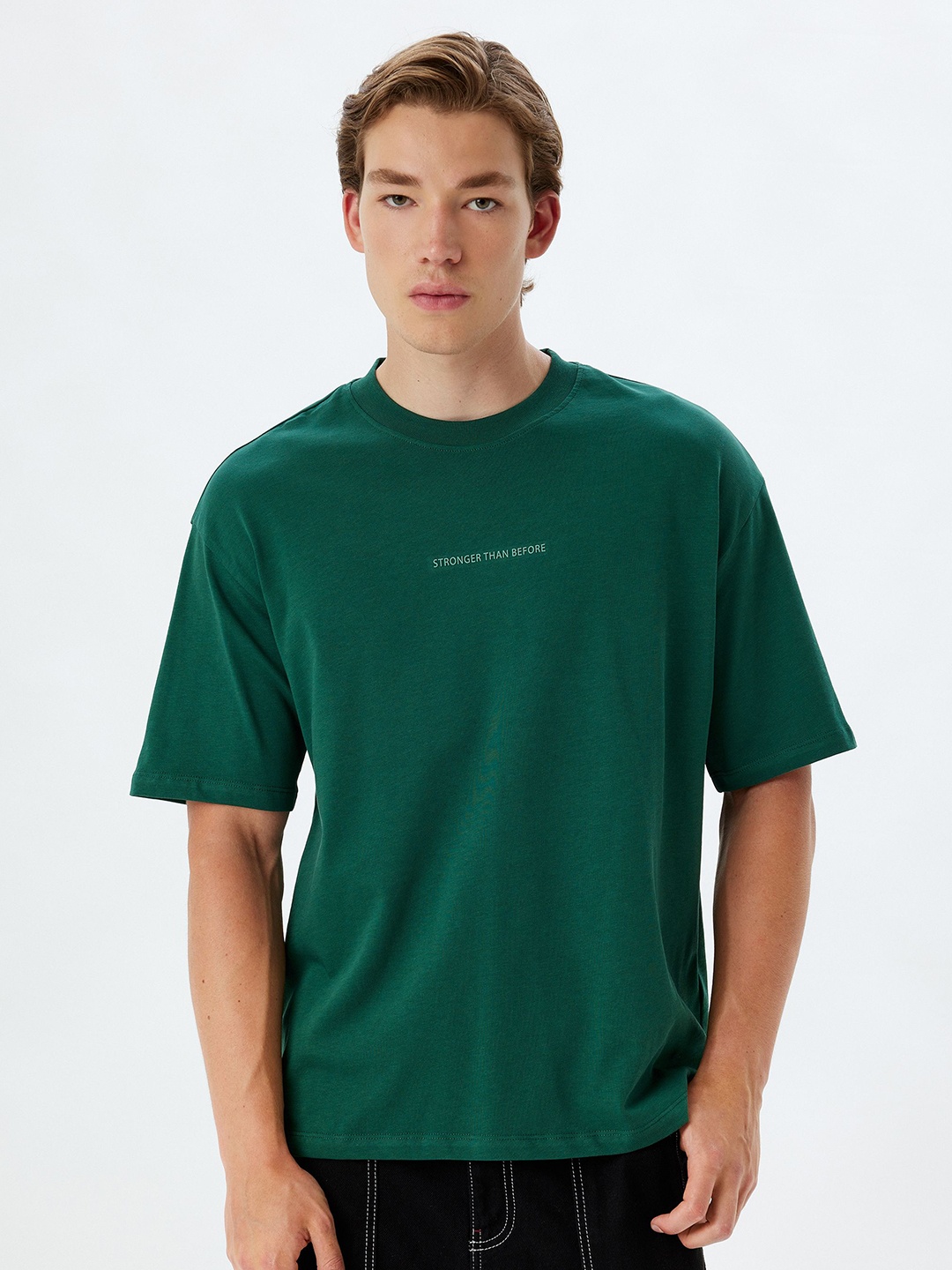 

Koton Men Typography Printed Round Neck Cotton Oversized T-shirt, Green