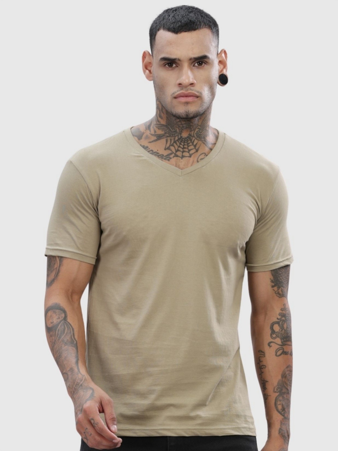

ADRO Men Solid V-Neck Cotton T-shirt, Beige