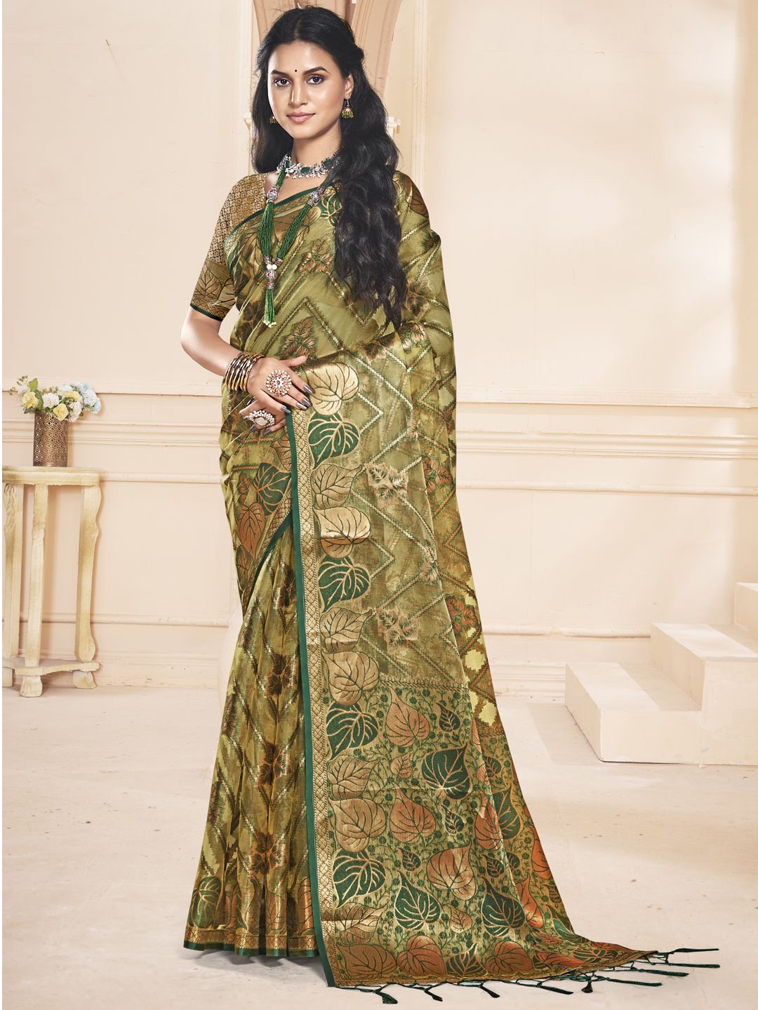 

SANGAM PRINTS Woven Design Zari Organza Tussar Saree, Olive