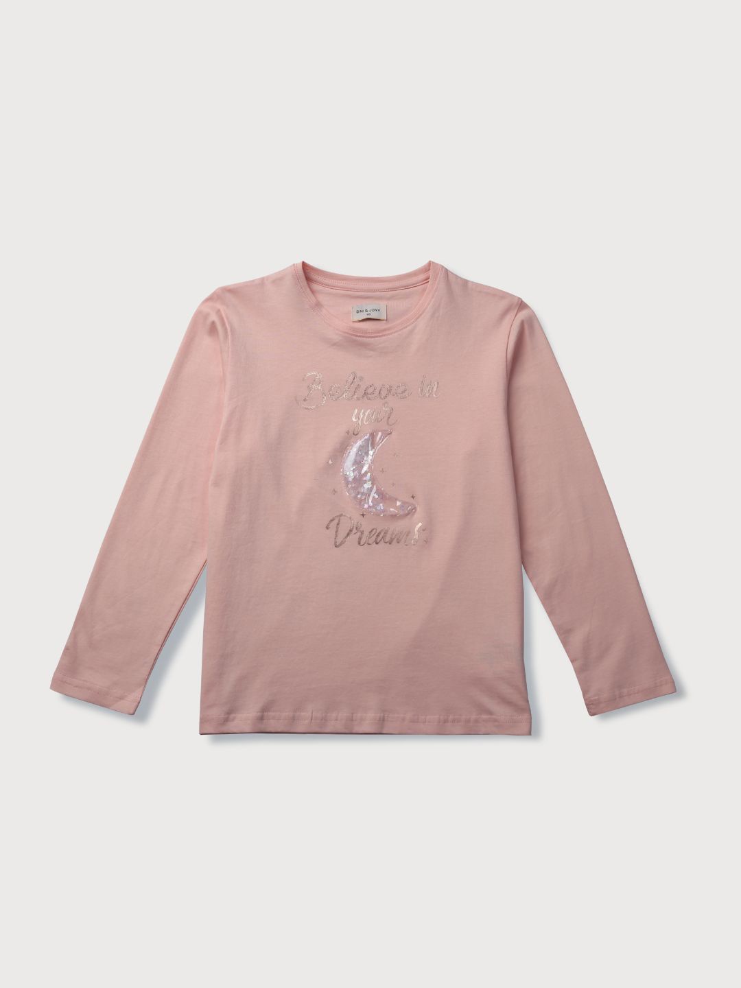 

Gini and Jony Girls Typography Printed Embellished Cotton T-shirt, Peach