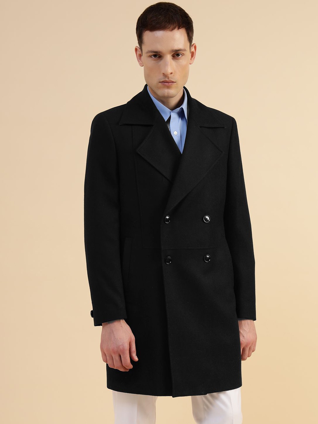 

Givo Double Breasted Wide Notched Lapel Smart Fit Long Overcoat, Black