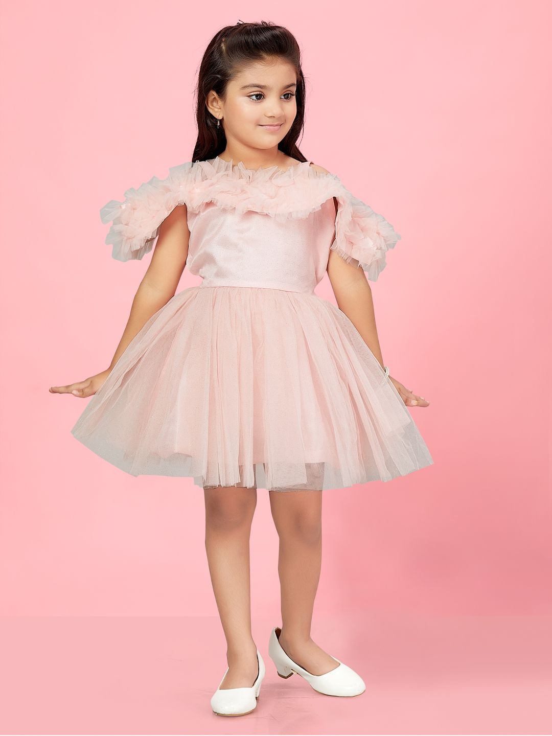 

BAESD Girl Net Solid Fit & Flare Ruffles Party Wear Dress, Peach