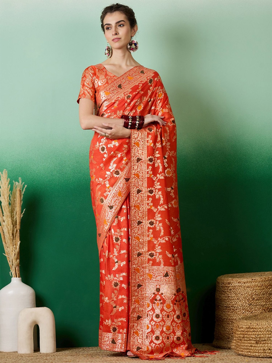 

Maroosh Woven Design Zari Fusion Banarasi Saree, Orange