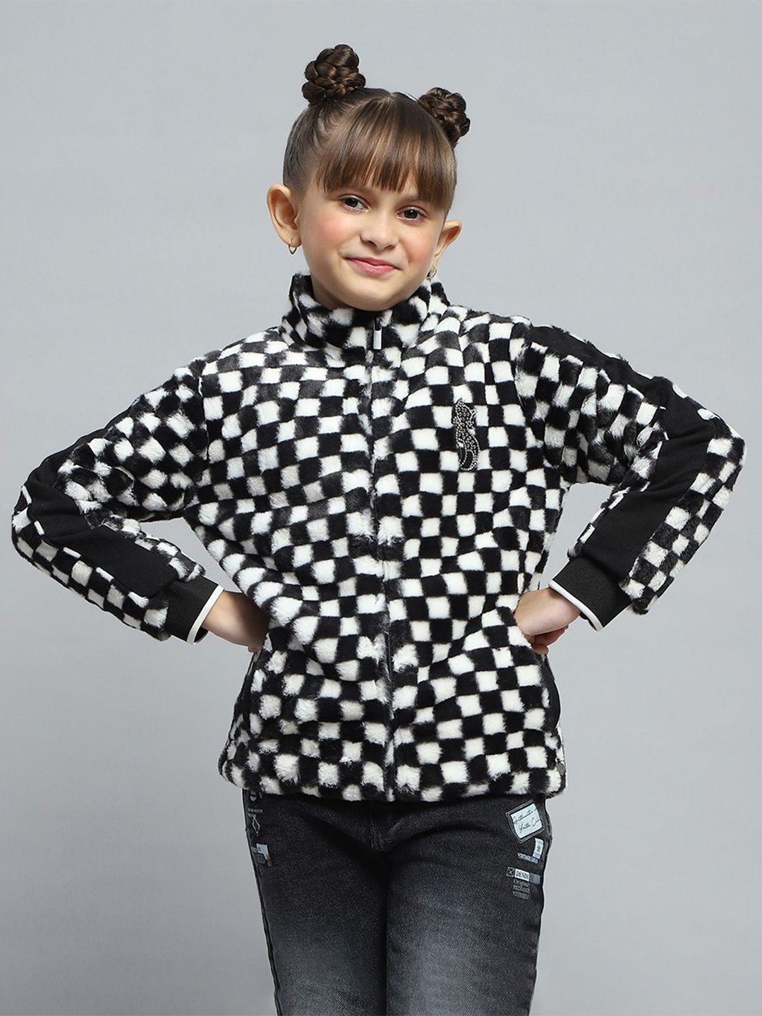 

Monte Carlo Girls Checked Mock Collar Front-Open Sweatshirt, Black