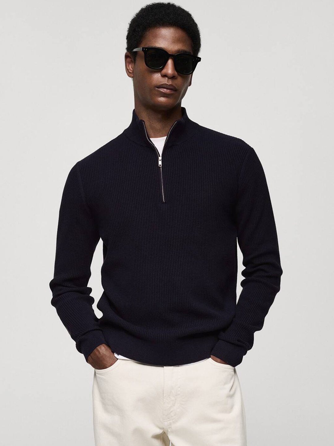 

MANGO MAN Mock Neck Ribbed Pullover, Navy blue