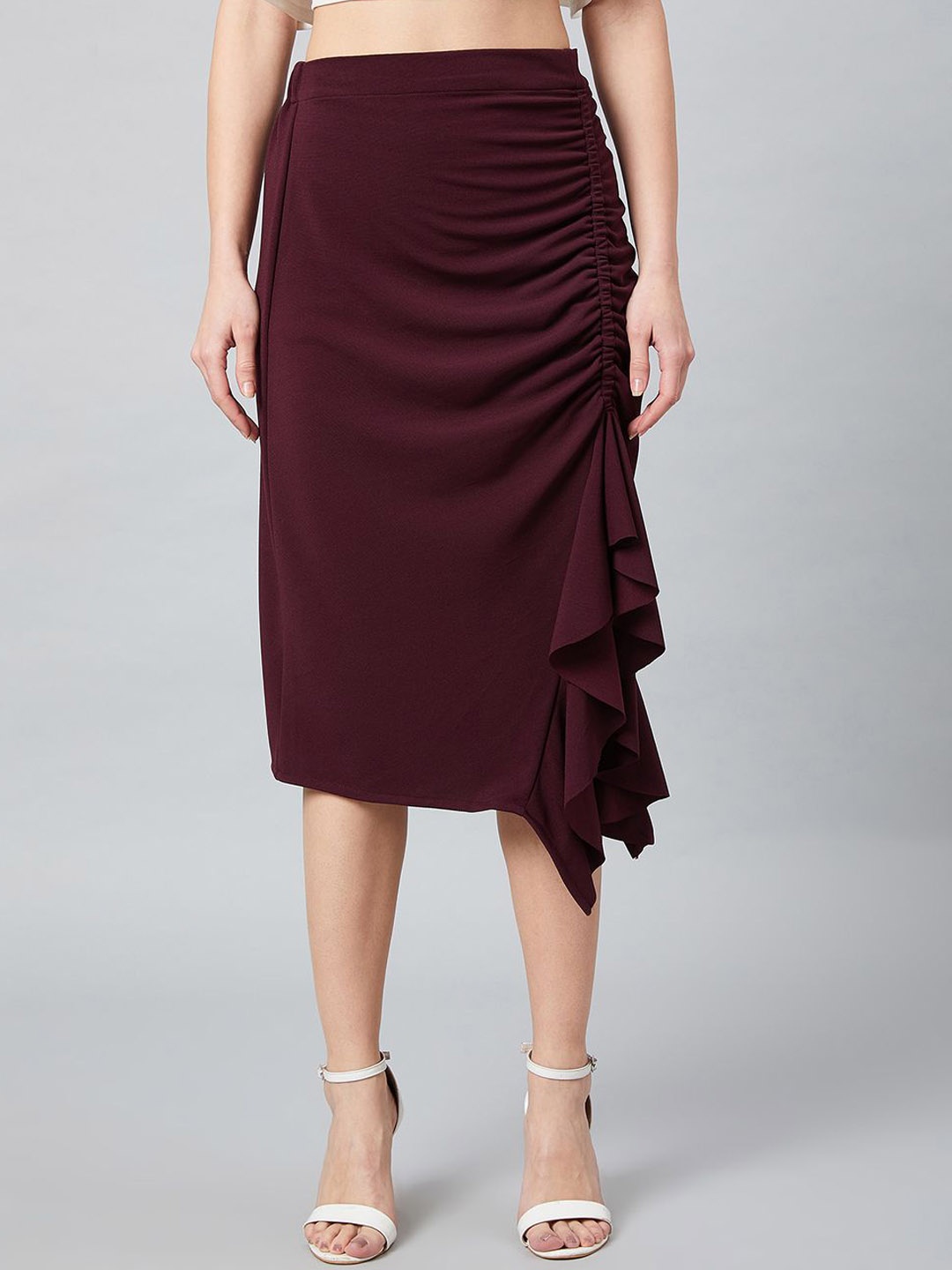 

Athena Women Midi Skirt With Front Frill Detail, Burgundy