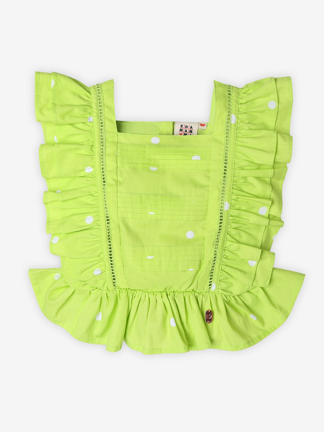 

Ed-a-Mamma Girls Polka Dots Printed Square Neck Cotton Top, Green