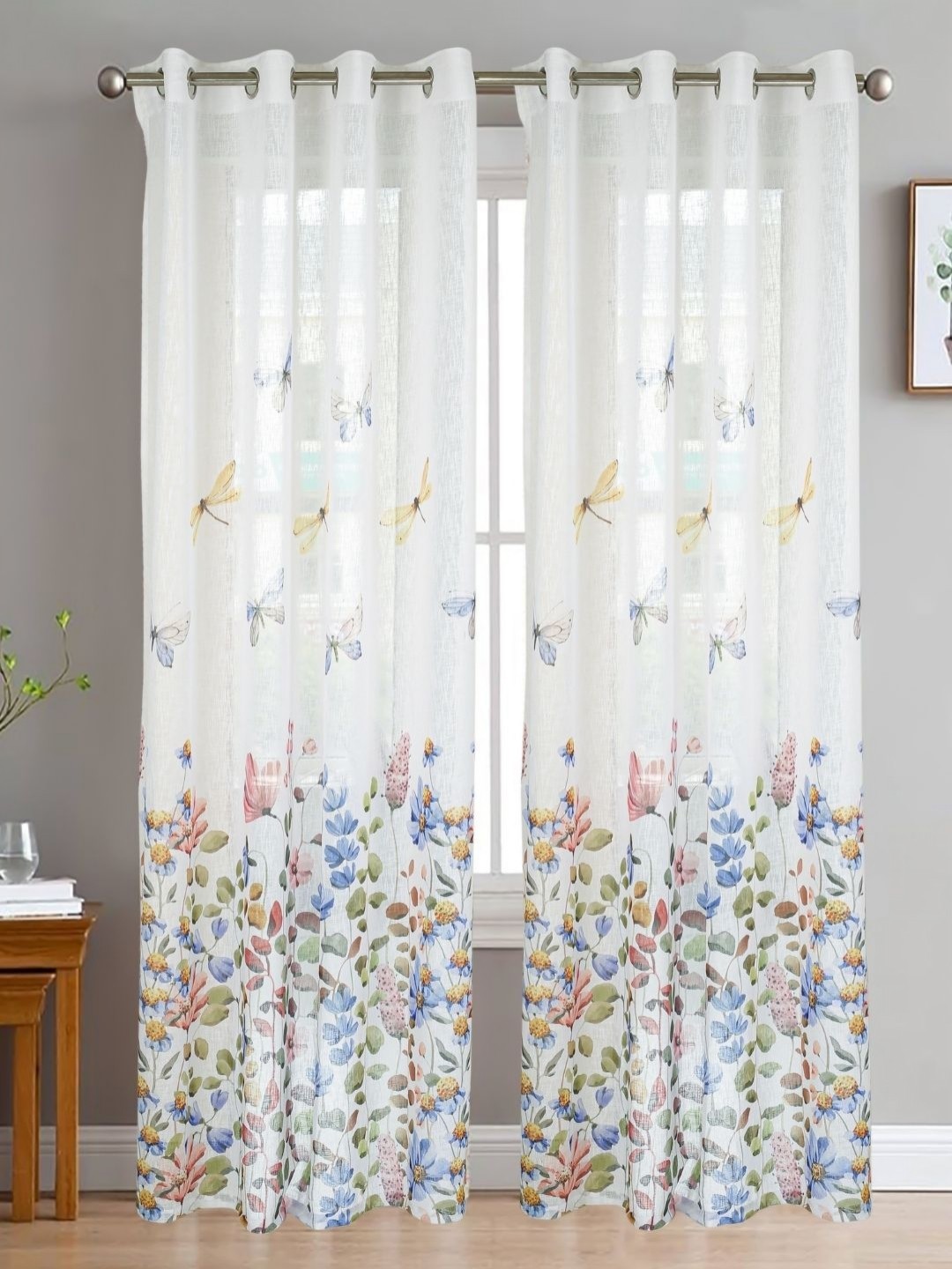 

HOMADORN Multicoloured & White Set of 2 Floral Sheer Long Door Curtain, Multi