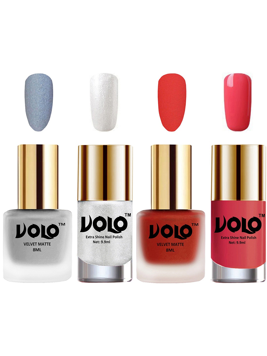 

VOLO Set Of 4 Velvet Matte & Extra Shine Nail Polish - 8 ml Each Shade- 33 - 44 - 46 - 56, Coral