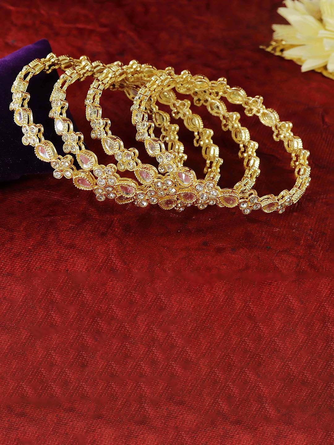 

ZULKA Set Of 4 Gold-Plated Kundan & Zircon Stone Studded Bangles