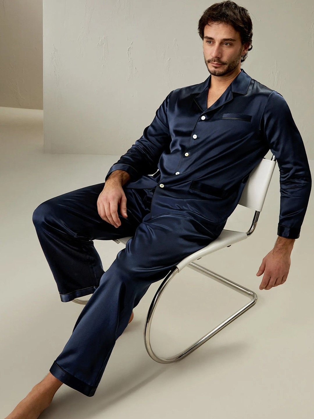 

Bella Babe by SK Satin Shirt With Pyjama, Navy blue