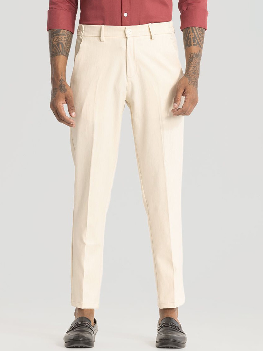 

Snitch Men Smart Slim Fit Trousers, Cream