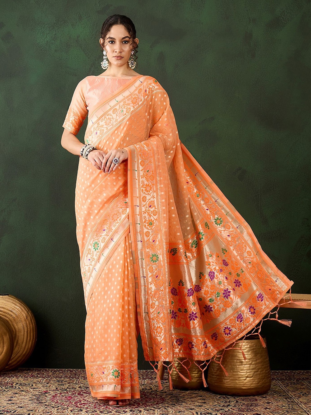 

DIVASTRI Woven Design Zari Designer Kanjeevaram Saree, Orange