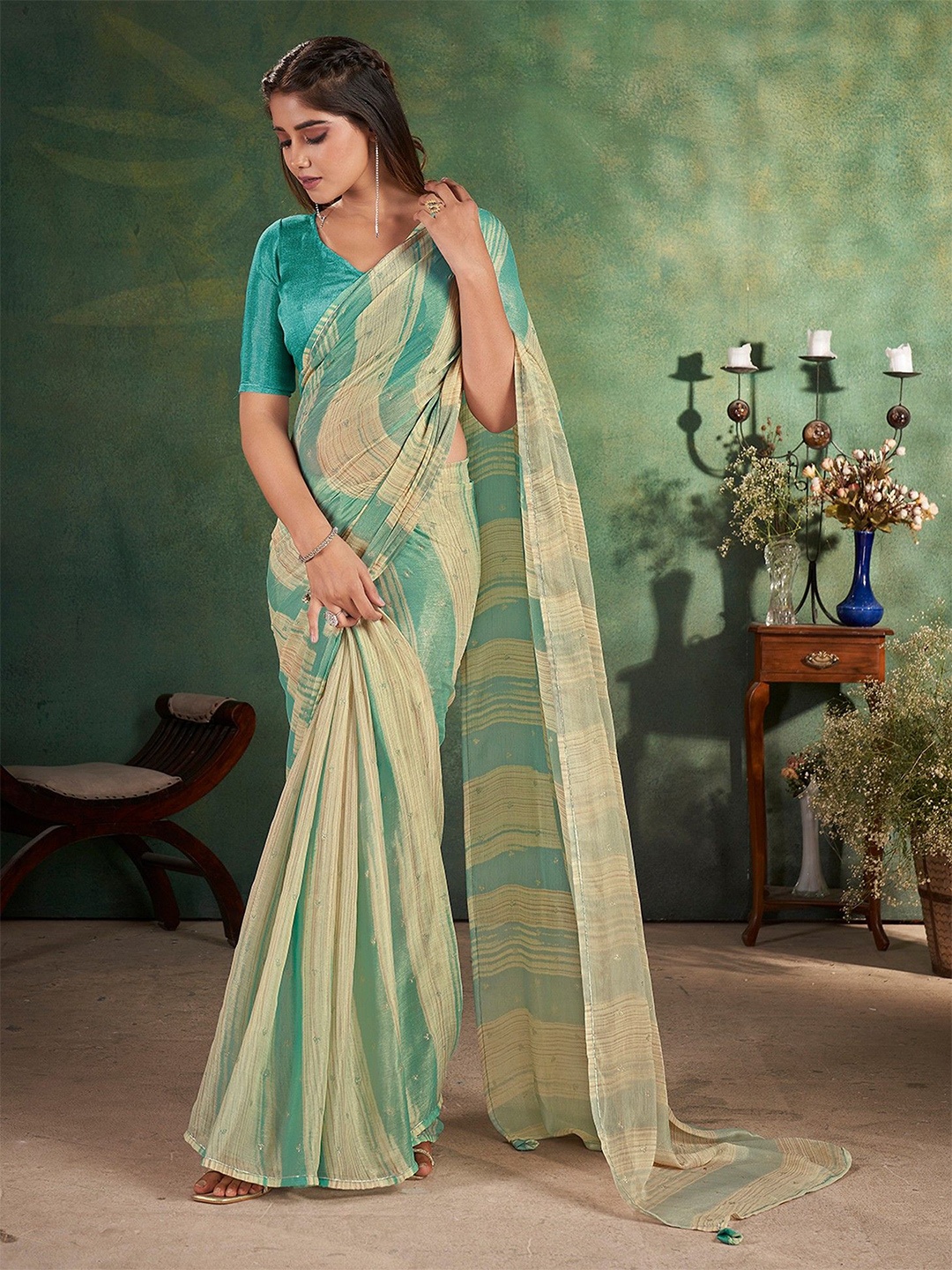 

all about you Striped Printed Saree, Lime green