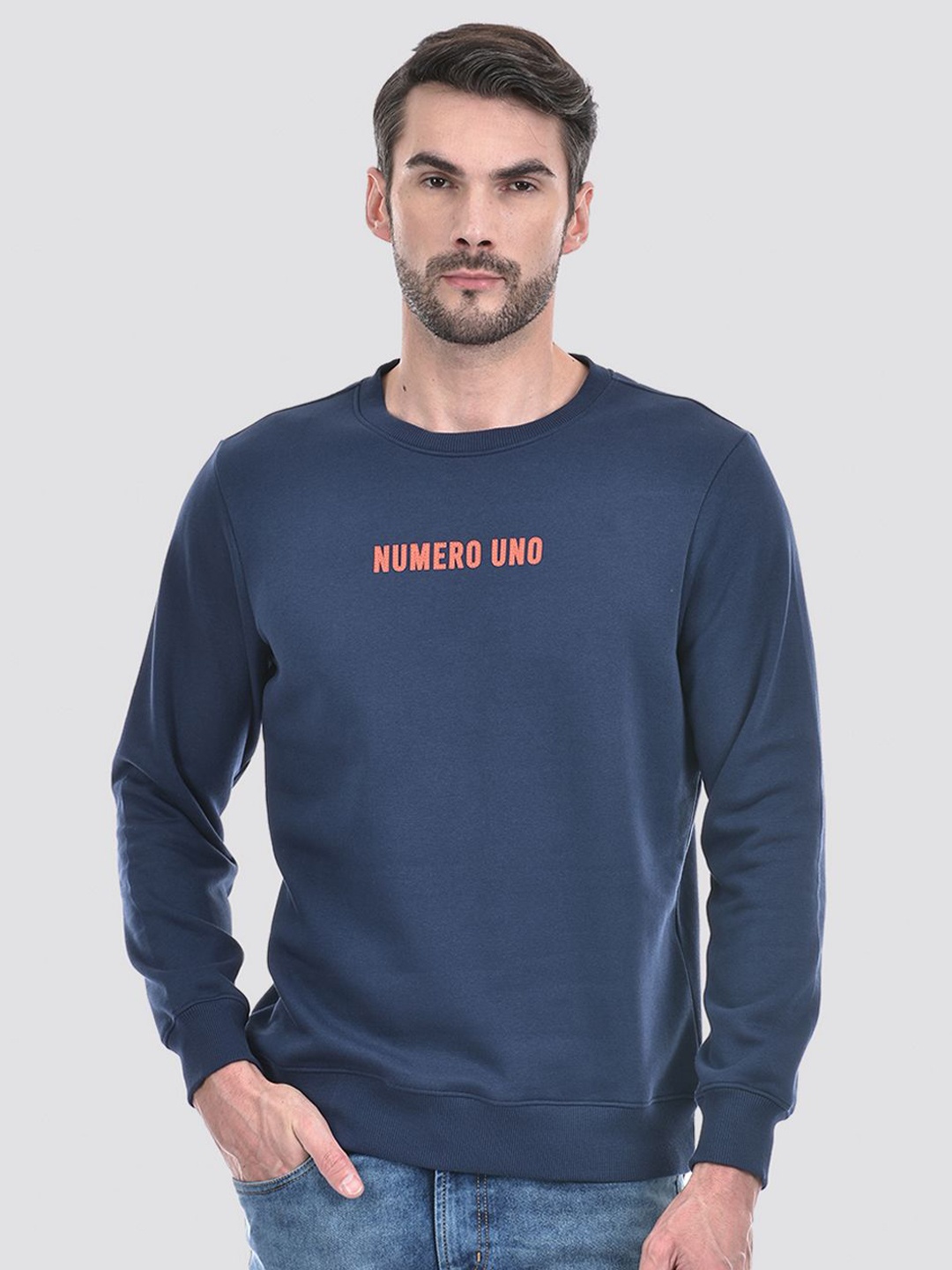 

Numero Uno Men Typography Printed Round Neck Fleece Sweatshirt, Blue