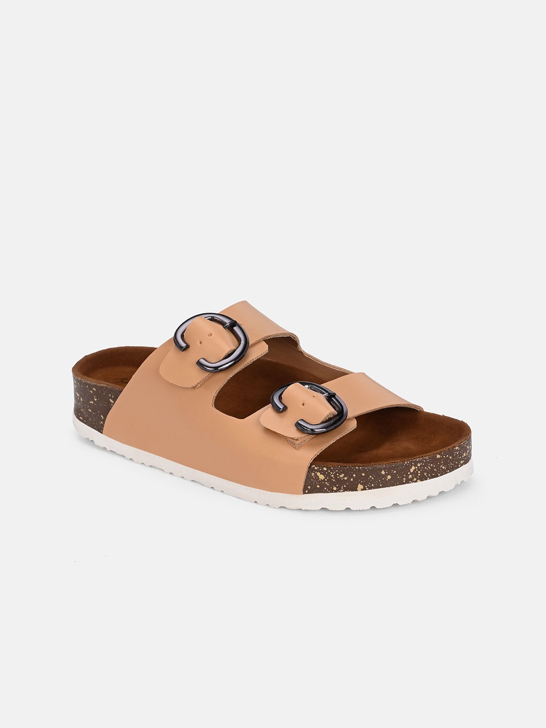 

Mast & Harbour Women Textured Open Toe Flats with Buckles, Beige