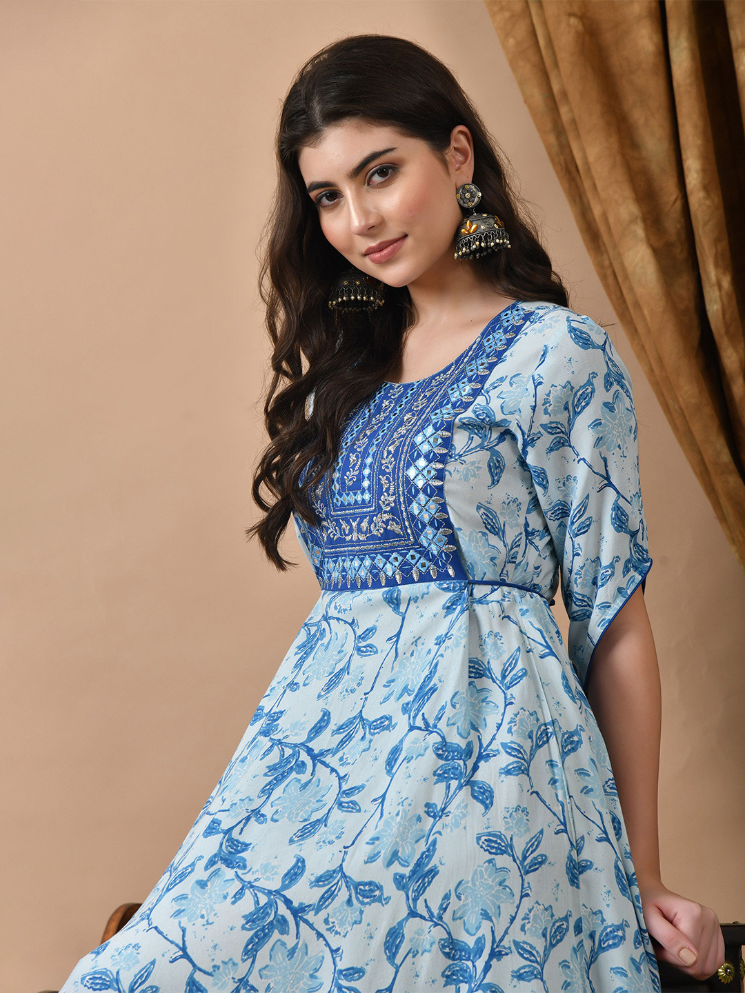 

ftDiva Women Printed Round Neck Maxi Ethnic Dress, Blue