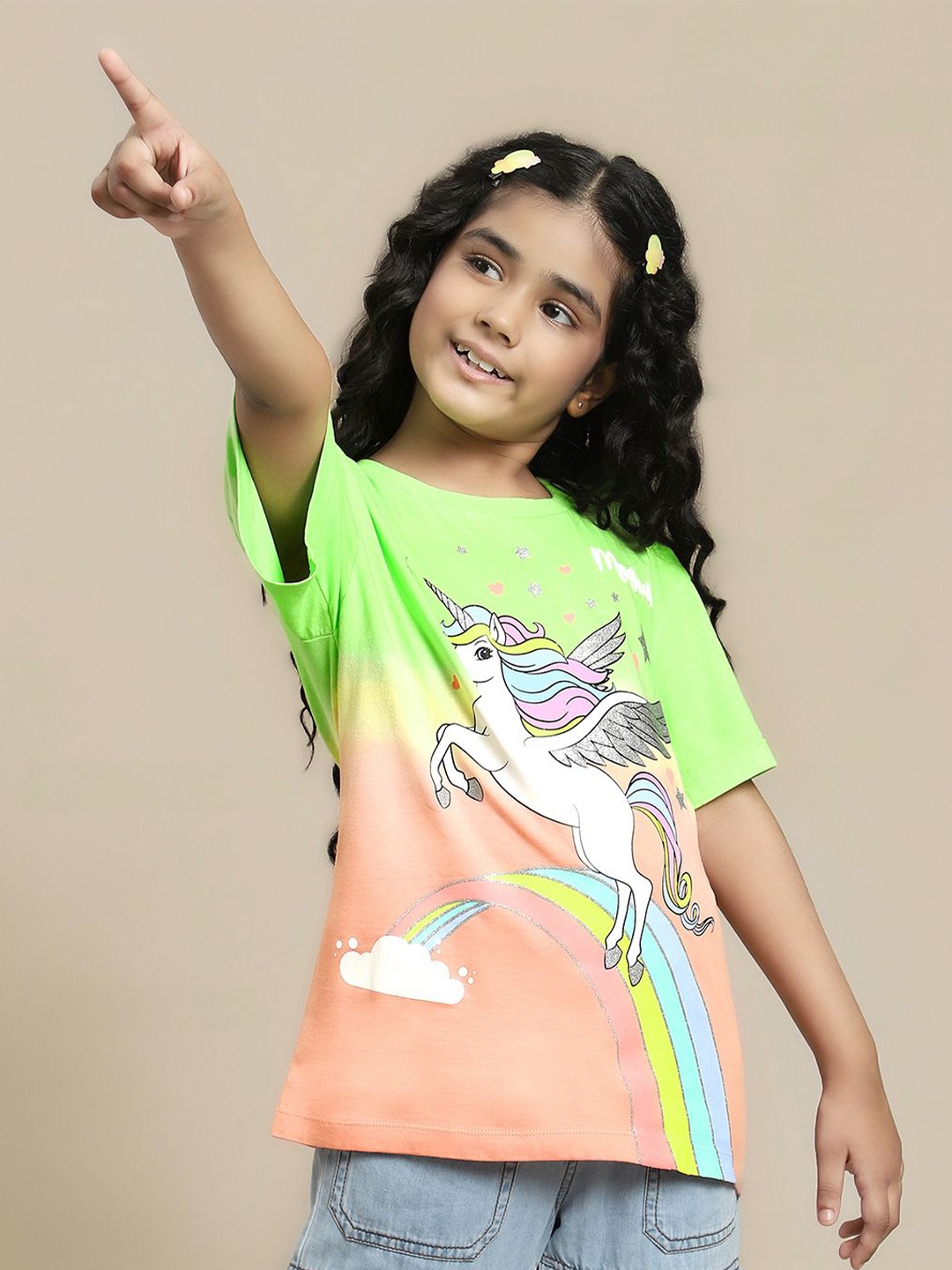 

Kids Ville Girls Unicorn Graphic Printed Pure Cotton Tshirt, Green