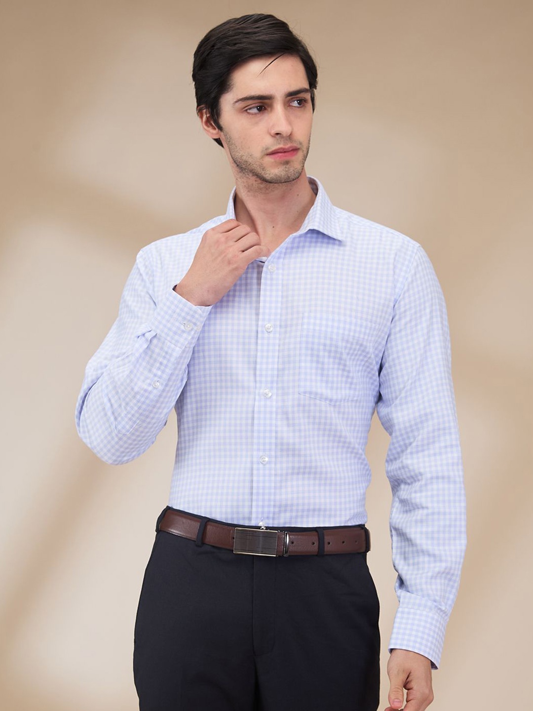 

Park Avenue Men Spread Collar Grid Tattersall Checked Cotton Formal Shirt, Blue