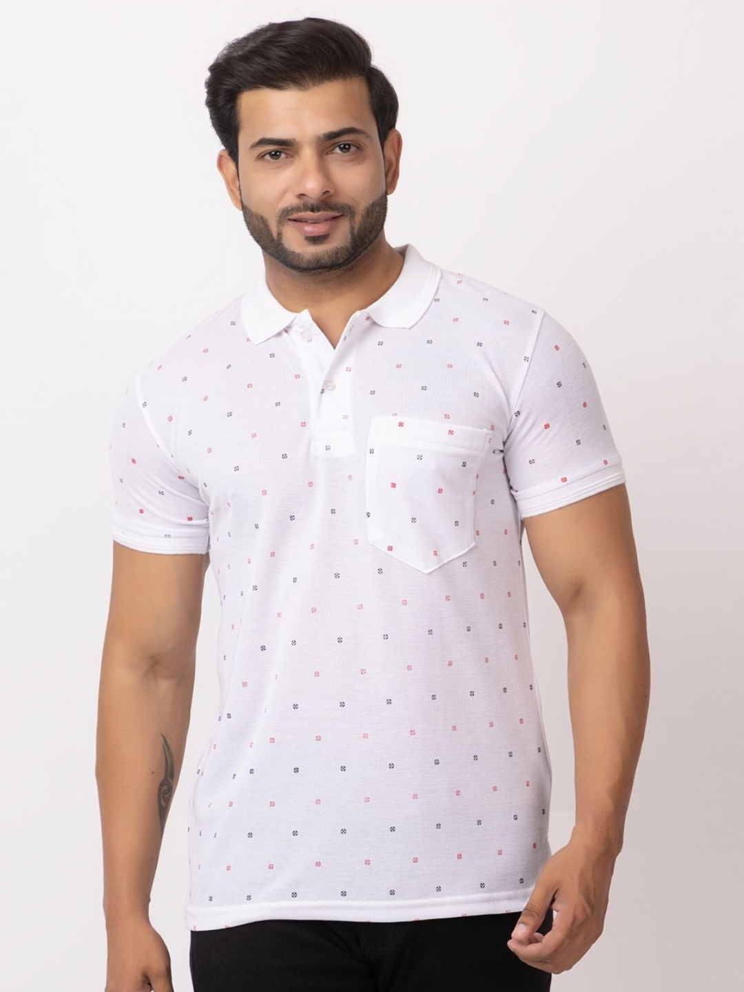 

GEE 5 Men Polka Dots Printed Polo Collar Cotton T-shirt, White