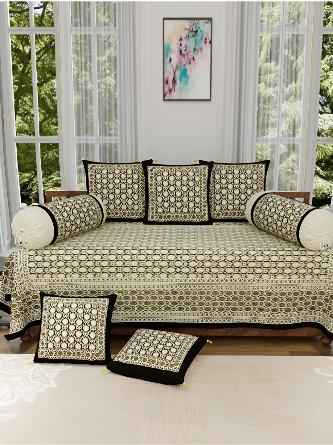 

The Craft Monk Beige & Black 8 Pieces Geometric Printed Pure Cotton Diwan Set