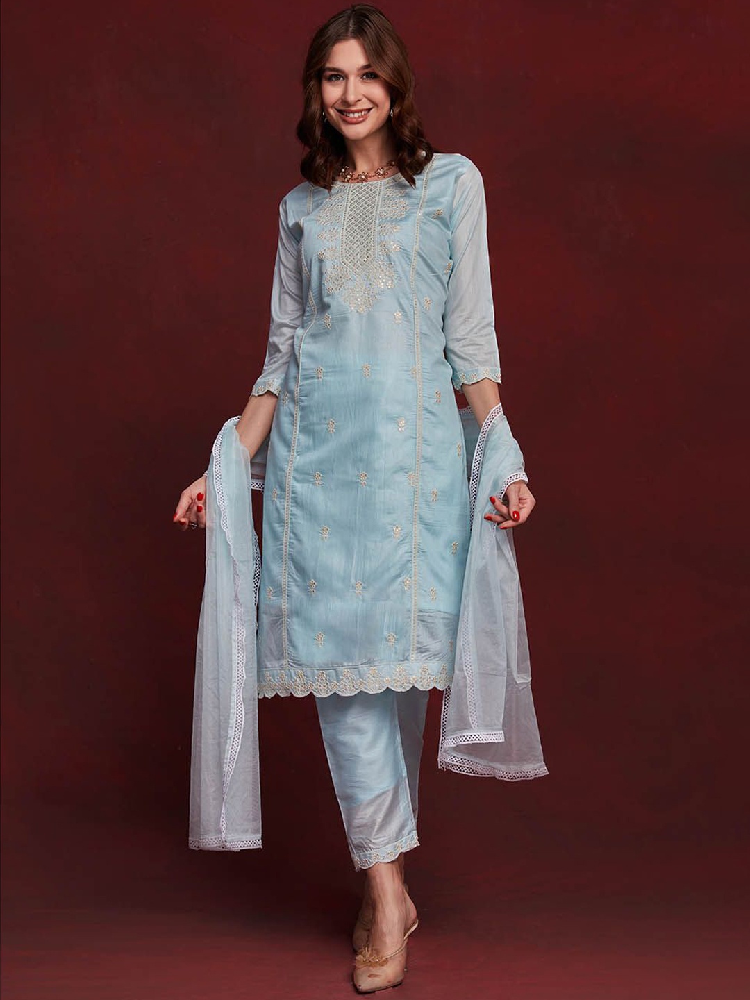 

KALINI Women Floral Embroidered Kurta with Trousers & With Dupatta, Blue