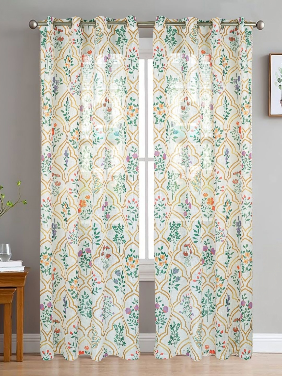 

HOMADORN Yellow & White 2 Pieces Floral Printed Linen Sheer Window Curtains