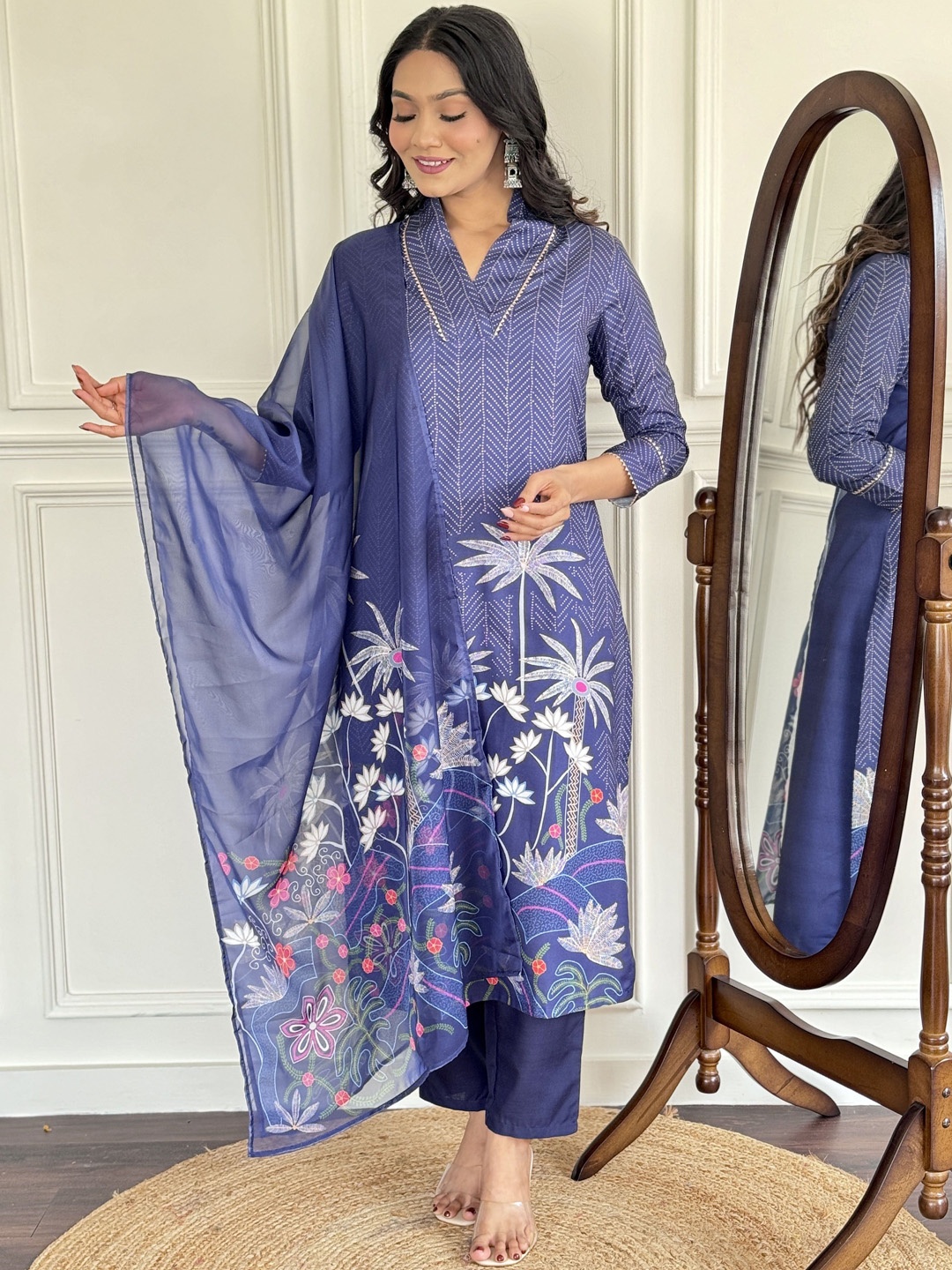 

KALINI Floral Printed Regular Straight Kurta with Trousers & Dupatta, Blue