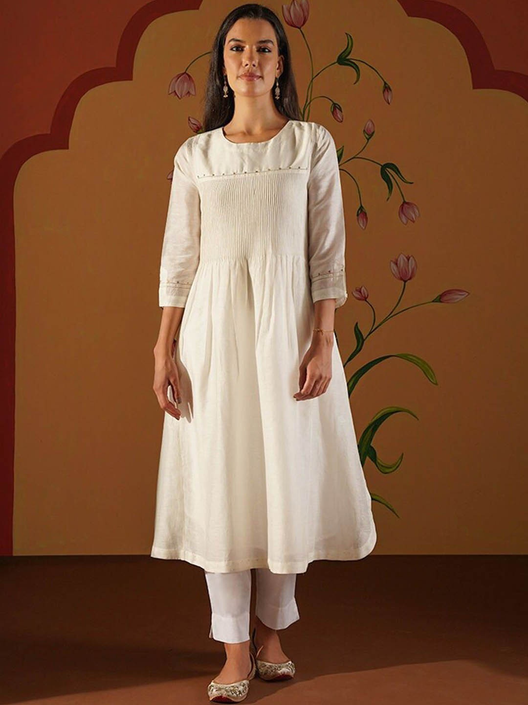

JAYPORE Printed Thread Work A-Line Kurta with Trousers, Off white