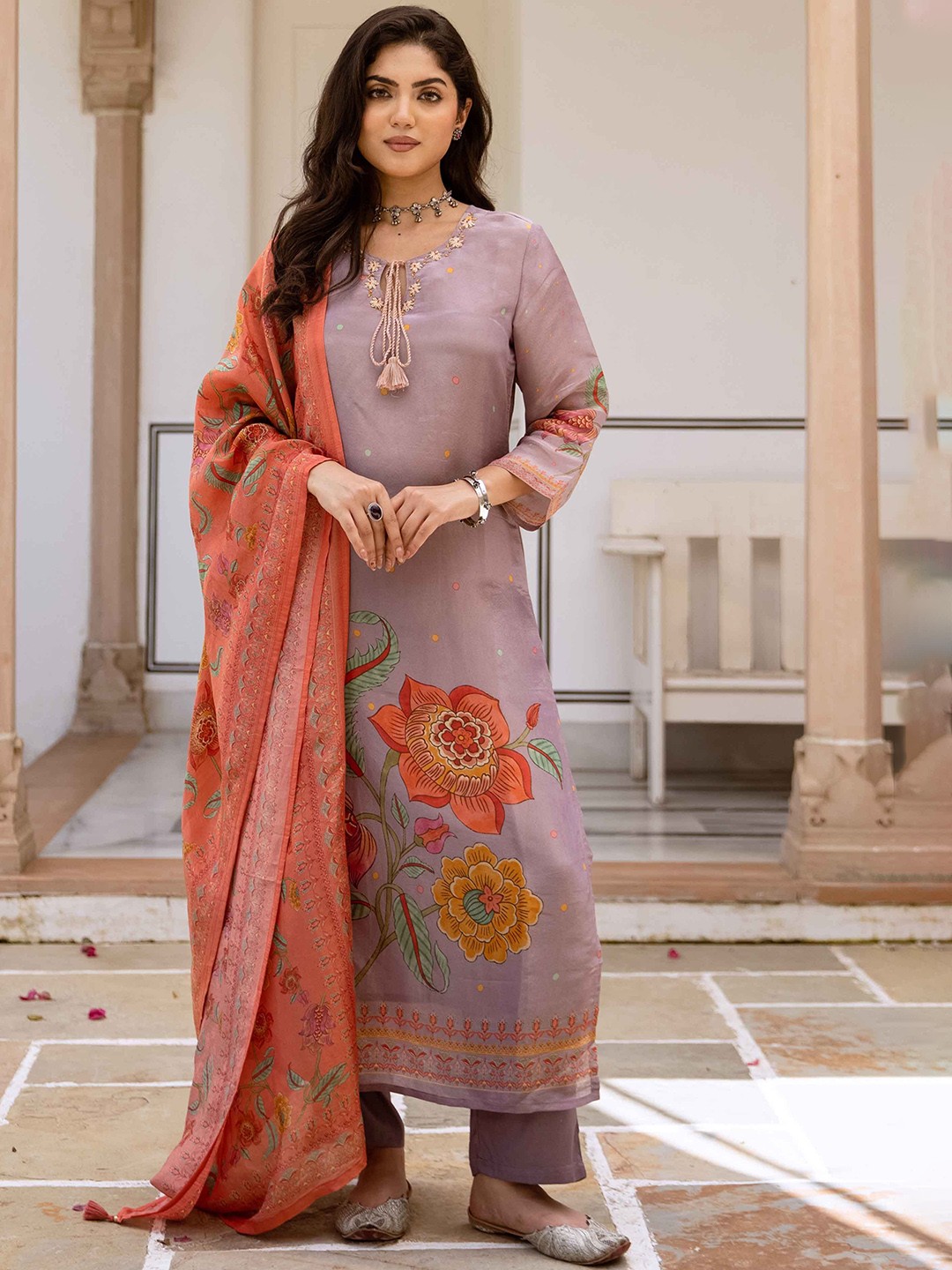 

KALINI Women Floral Printed Regular Kurta with Trousers & Dupatta, Purple