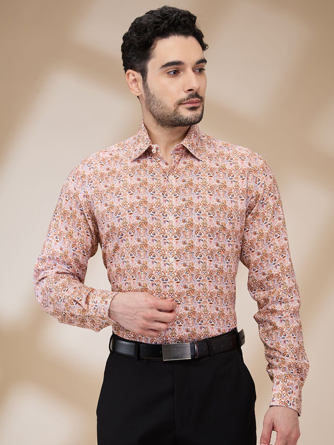 

Raymond Men Cutaway Collar Ethnic Motifs Printed Cotton Formal Shirt, Orange