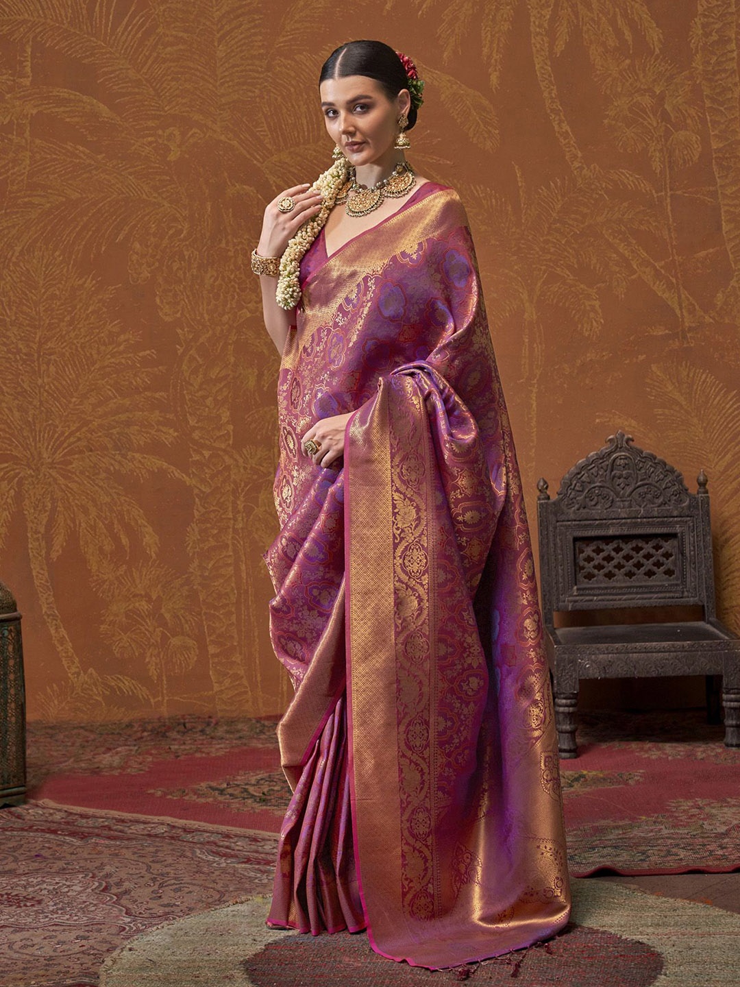 

elora Woven Design Designer Kanjeevaram Saree, Pink