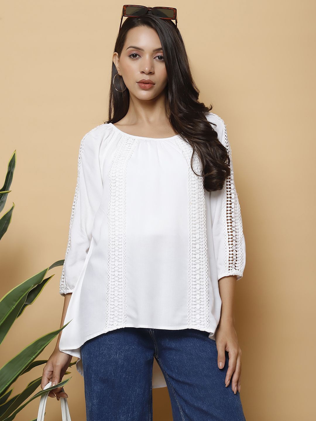 

250 DESIGNS Women Self Design Round Neck Cotton Top, White