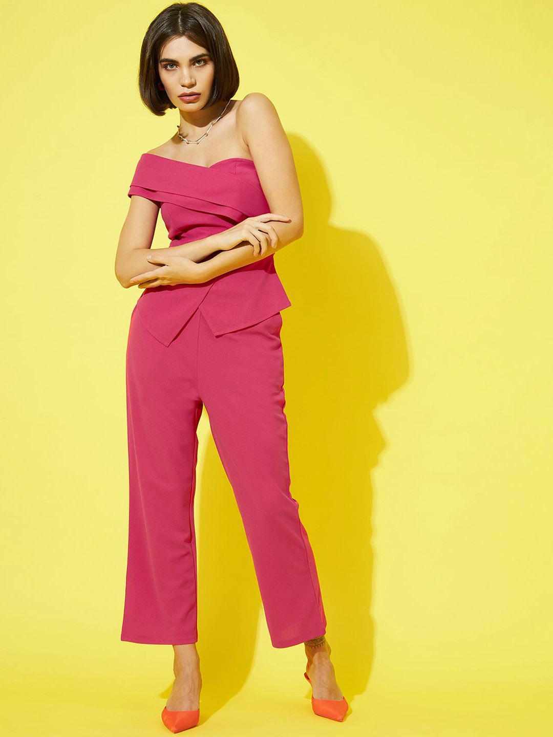 

Athena Women Solid One Shoulder Peplum Top With Trouser Co-Ords, Fuchsia