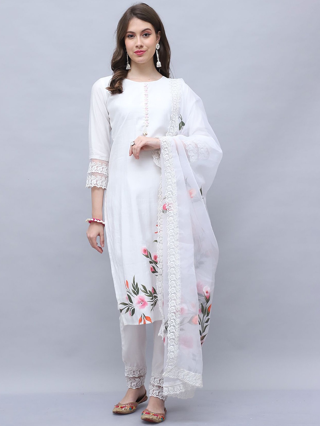 

Roly Poly Women Floral Printed Regular Thread Work Kurta with Trousers & With Dupatta, White