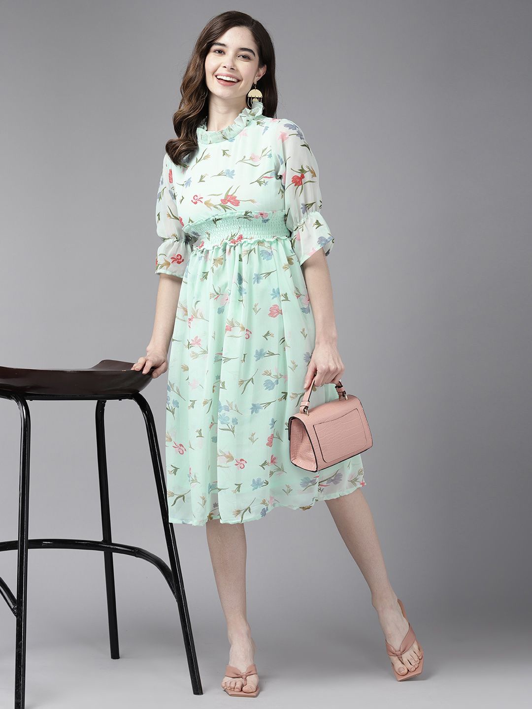 

BAESD Women Floral Printed Round Neck A-Line Dress, Turquoise blue