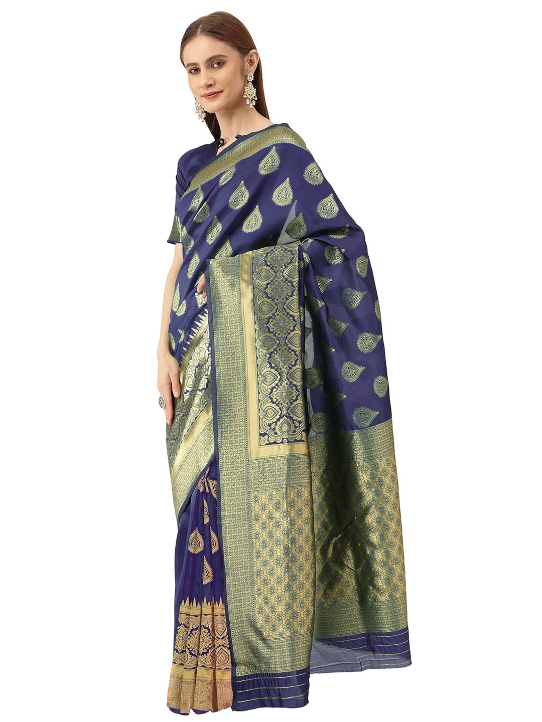 

Maroosh Woven Design Zari Silk Blend Banarasi Saree, Navy blue