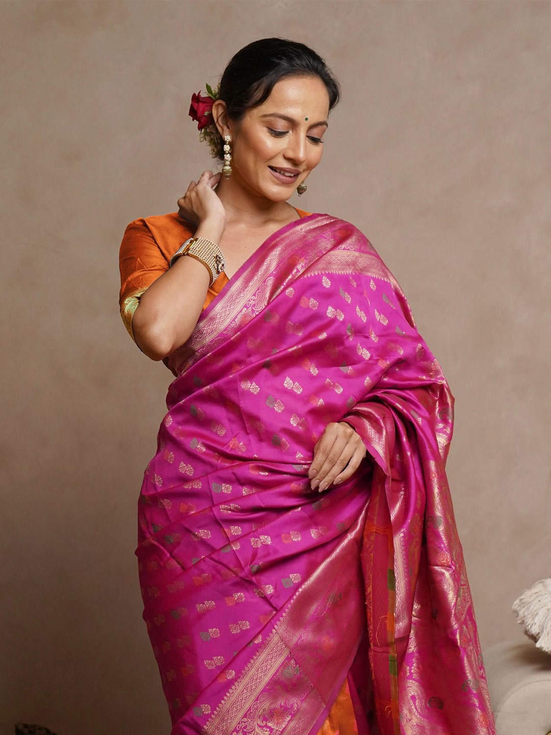 

Subham Woven Design Zari Half and Half Banarasi Saree, Pink