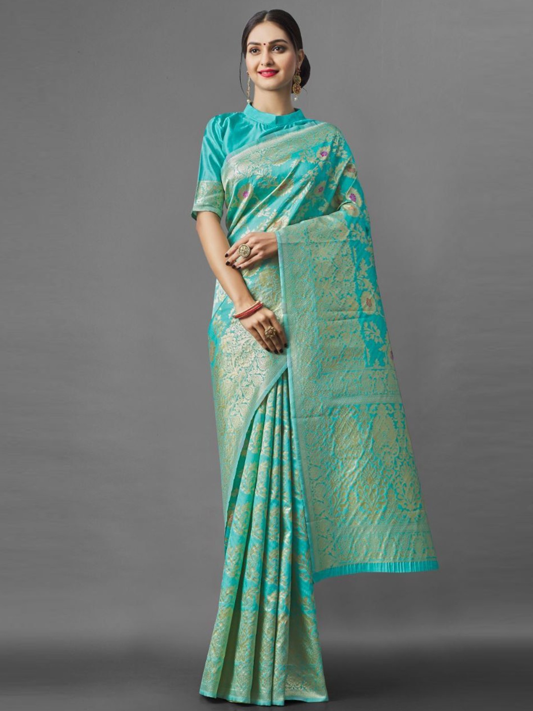 

HANDSEL Woven Design Zari Pure Silk Banarasi Saree, Green
