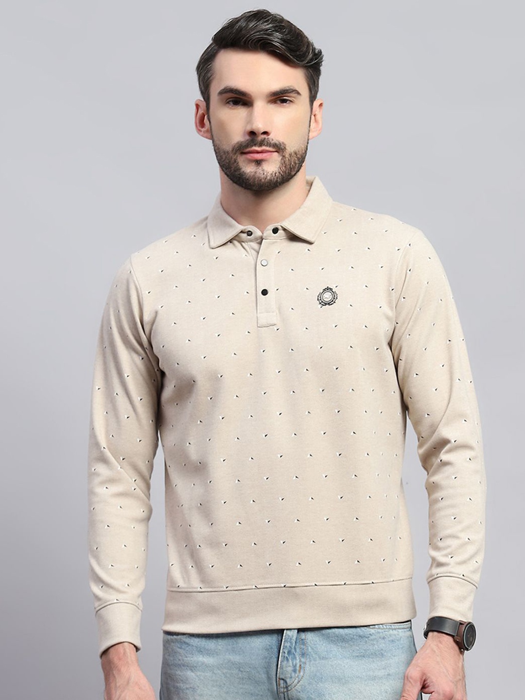 

Monte Carlo Men Shirt Collar Geometric Printed Cotton Sweatshirt, Beige