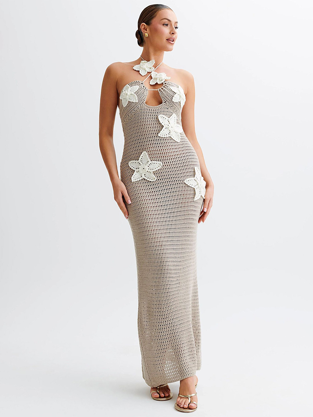 

LULU & SKY Women Self Design Halter Neck Maxi Dress, Khaki